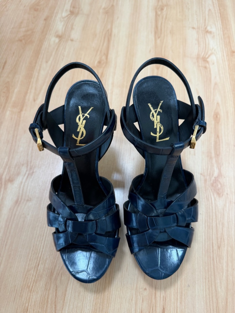 Saint Laurent tribute navy Leather Woven T-Strap Sandals with Gold Accents